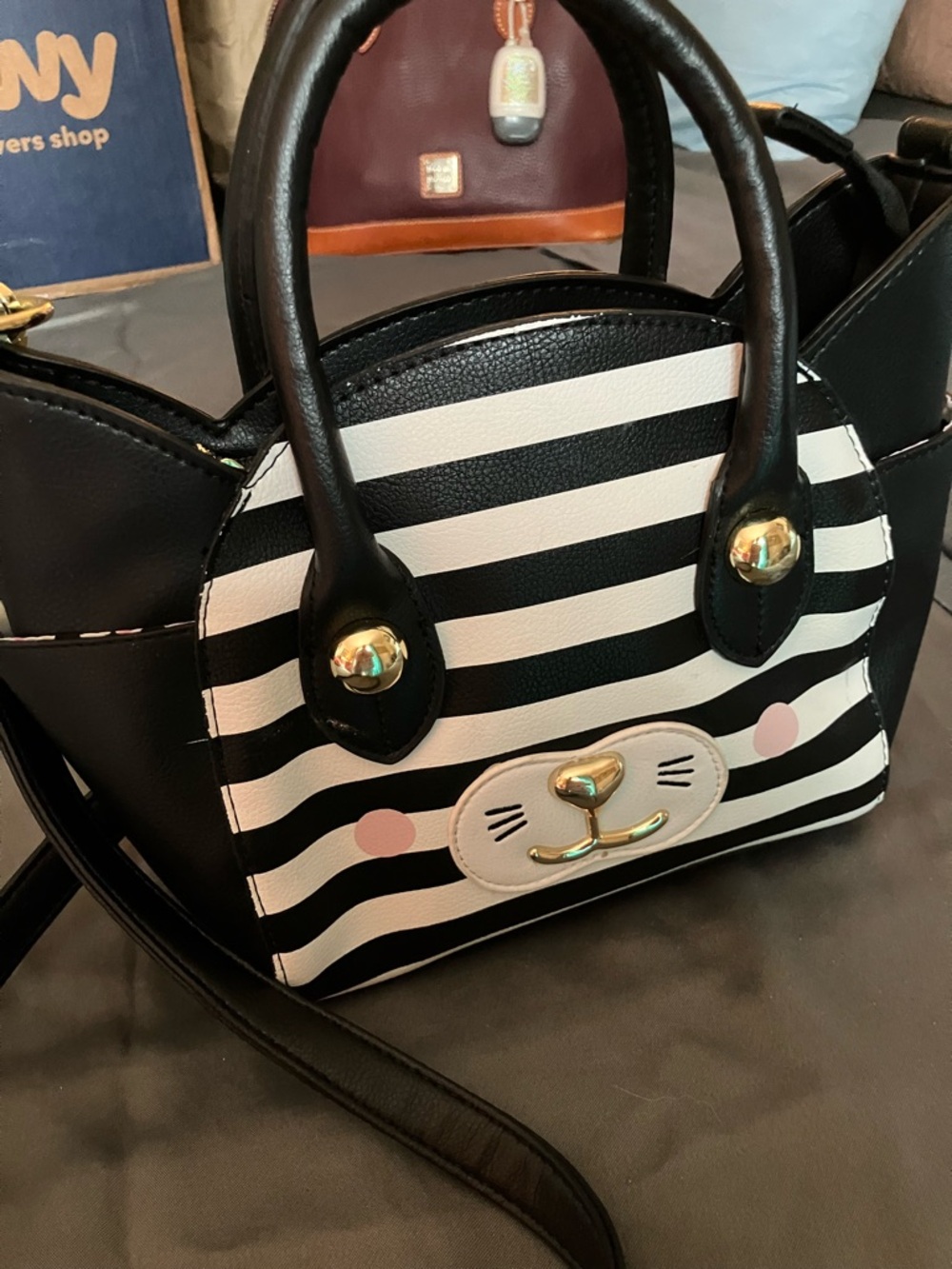 Betsey Johnson Black White Striped Cat Face Kids Handbag with Pink Cheeks